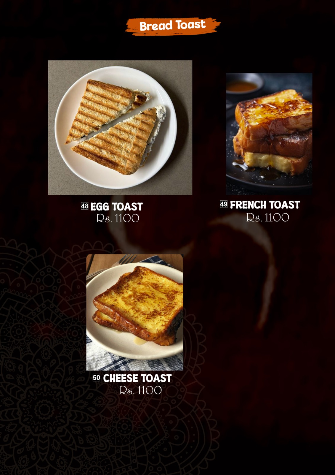 Hambu Café menu board — Bread Toast page listing Egg Toast, French Toast and Cheese Toast with prices